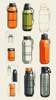 a bunch of jars that are next to each other on a white background with black and orange lines