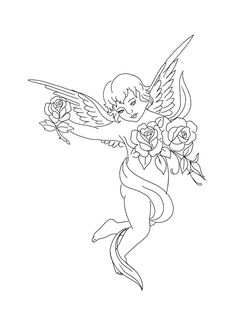 an angel with roses in her hand and wings on its back, flying through the air