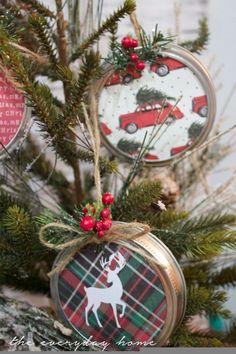 three christmas ornaments hanging from a tree