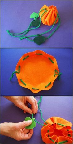 three pictures showing how to make an orange paper plate with green thread and leaves on it