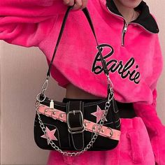 Size: (width) 25cm * (height) 13cm * (thickness) 7cm Edgy Black Shoulder Bag For Evening, Black Satchel Shoulder Bag With Chain Detail, Edgy Black Bag With Chain Detail, Harajuku Pink, Black Armpits, Women Fashion Edgy, Pink Star, Y2k Pink, Chain Design