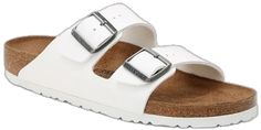 Classic White Footbed Sandals For Spring, Classic White Sandals With Cork-bed Midsoles, Classic White Double Strap Sandals, White Double Strap Classic Sandals, Classic Synthetic Double Strap Sandals, Classic Double Strap Synthetic Sandals, Classic Synthetic Footbed Sandals For Spring, Birkenstock Arizona, Slide Sandals