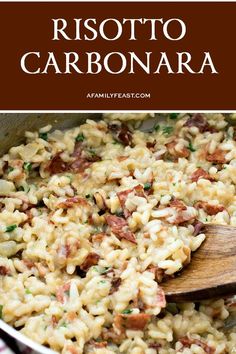 a skillet filled with risotto carbonara and bacon