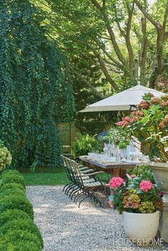 an outdoor dining area with potted plants and flowers on the table, surrounded by greenery