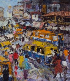 an oil painting of people walking on the street in front of some buildings and buses