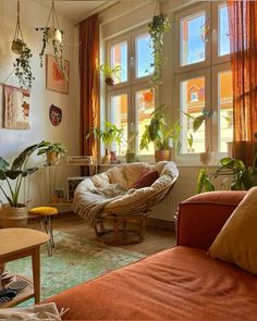 a living room filled with furniture and lots of plants on the windows sills