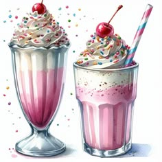 two ice cream sundaes with sprinkles and cherries