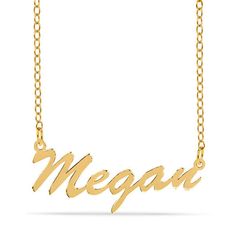 The style is in the spelling with this on-trend personalized necklace. Created in sterling silver with 14K gold plate, this elegant design showcases the name of your choice - between three and 10 characters in length - sculpted in a flowing script font. Polished to a bright shine, this moniker suspends centered along an 18.0-inch cable chain that secures with a spring-ring clasp. Customizable Yellow Gold Nameplate Charm Necklaces, Customizable Yellow Gold Charm Necklaces With Nameplate, Classic Personalized Pendant Name Necklace, Classic Pendant Name Necklace For Personalized Gift, Yellow Gold Nameplate Charm Necklace With Custom Name, Elegant Nameplate Charm Necklace, Yellow Gold Custom Name Charm Necklace, Classic Nameplate Charm Necklaces For Personalized Gift, Customizable Signature Nameplate Necklaces