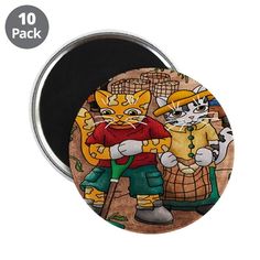 a button with an image of two cats in front of a basket and another cat behind it