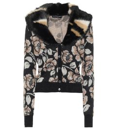 Tap Y/PROJECT's off-kilter charm with this black cardigan, which is reminiscent of vintage-shop finds. Made in Italy from mohair-blend knit in a floral intarsia, it has a slim-fitting silhouette with a plush faux-fur collar. Wear yours with high-rise jeans to complete the look. | Y/Project Floral mohair-blend cardigan Designer Jacquard Knit Winter Cardigan, Fitted Mohair Chic Cardigan, Designer Black Wool Cardigan, Luxury Fitted Fall Cardigan, Fitted Jacquard Knit Cardigan, Elegant Fitted Jacquard Knit Cardigan, Spring Mohair Cardigan, Designer Fitted Winter Cardigan, Designer Fitted Fall Cardigan