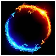 an orange and blue ring with fire in the middle on a black background that looks like it is spinning