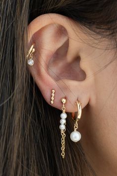 14k gold filled 3mm ball studs with three 3mm round freshwater pearls and a chain drop Sold as a pair Please note: all earrings are final sale Earring Stack, Ear Party, Chain Loop, Jewelry Workshop, Loop Earrings, Freshwater Pearls Earrings, Jewelry Repair, Handmade Gold, Pearl Chain