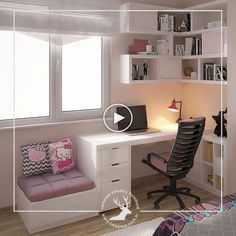 a room with a desk, chair and bookshelf