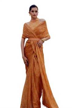 Rust bandhani printed pre-draped saree. Paired with padded embroidered neck blouse and embroidered belt. - Aza Fashions Tissue Silk Draped Saree, Designer Draped Tissue Silk Blouse Piece, Bollywood Style Tissue Silk Pre-draped Saree, Bollywood Style Pre-draped Tissue Silk Saree, Bollywood Style Draped Tissue Silk Blouse Piece, Fitted Silk Dupatta Draped, Fitted Zari Work Pre-draped Dress, Pre-draped Saree Dress With Zari Work, Designer Silk Pre-draped Saree