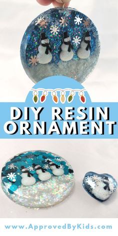 an ornament with snowmen on it and the words diy resinin ornaments