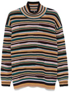 black/multicolour wool blend knitted construction horizontal stripe pattern ribbed trim high neck drop shoulder long sleeves straight hem Womens Knit Sweater, Barbour Steve Mcqueen, Knitting Women, Wool Blend Sweater, Striped Sweater, Shop Womens, Yoga Wear, Paul Smith, Knitwear Women