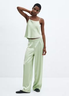 Flowy satin trousers Satin Trousers, Satin Pants, Textured Design, Total Look, Pastel Green, Dress Trousers, Texture Design, Co Ord, Dart