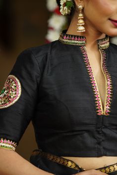 Black raw silk chinese collar blouse with jadau mandala design Blouse Designs Catalogue, New Saree Blouse Designs, New Blouse Designs