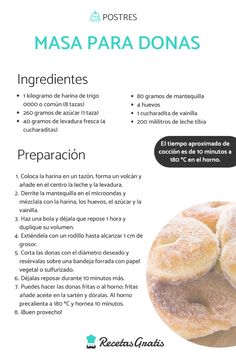 the menu for masa para donas is shown with information about it and what to eat