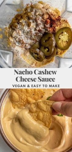 nacho cashew cheese sauce in a blender with a hand holding a tortilla chip