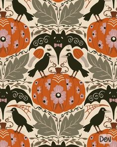 an orange and black pattern with birds on it