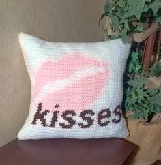 Kisses Pillow Crochet pattern by Vicki Moore Crochet Heart Tutorial, Valentines Pillow, Pillow Cover Pattern, Heart Tutorial, Crochet Valentines, Pillow Crochet Pattern, Pillow Covers Pattern, Pillow Crochet, Hug Pillow