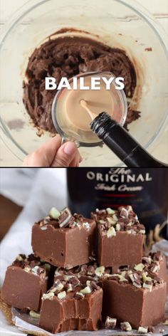 chocolate fudge is being made with bailey's irish cream, and then it has to be frosted