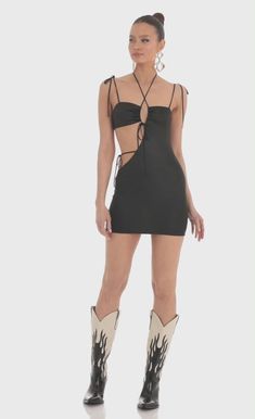 Minx Strappy Cut Out Dress in Black | LUCY IN THE SKY Fitted Black Dress With Tie Back, Black Tie Back Bodycon Dress, Fitted Black Dress With Cutout Details, Fitted Black Dress With Cutout, Black Bodycon Dress With Tie Back, Lucy In The Sky, Cut Out Dress, Out Dress, Black Design