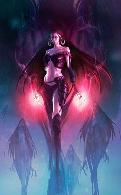 an image of a woman standing in the middle of two demonic creatures with glowing arms and legs