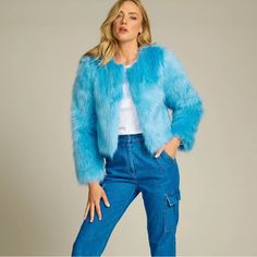 7 Available Nwt Size Small Oversized For Light Blue Closer At The Front Blue Long Sleeve Fur Coat For Fall, Blue Fur Coat With Faux Fur Trim, Blue Long Sleeve Fur Coat For Spring, Chic Blue Fur Coat, Spring Blue Long Sleeve Fur Coat, Blue Outerwear With Faux Fur Trim And Long Sleeves, Blue Fitted Faux Fur Outerwear, Blue Long Sleeve Outerwear With Faux Fur Trim, Blue Trendy Outerwear With Faux Fur Trim