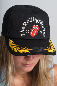 Rolling Stones club captain hat black - Trendy Band T-Shirts and Sweatshirts at Lush Fashion Lounge Boutique in Oklahoma City Punk Style Adjustable Baseball Cap, Adjustable Punk Style Baseball Cap, Festival Trucker Baseball Cap With Curved Brim, Trucker Baseball Cap With Flat Brim For Festival, Festival Trucker Cap With Curved Brim, Festival Trucker Cap With Flat Brim, Trucker Flat Brim Baseball Cap For Festivals, Trucker Style Flat Brim Baseball Cap For Festivals, Trendy Black Flat Brim Baseball Cap