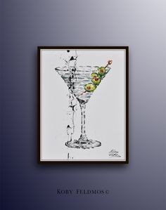 an art print of a martini glass with olives