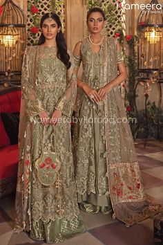 Buy Pakistani Party Dresses-Pakistani Gown Dress In Pale Green Shade 2021-Pakistani Party Wear With Sequins, Kora, Stones Embroidery Work In USA, UK, Canada, Australia Visit Now : www.NameerabyFarooq.com or Call / Whatsapp : +1 732-910-5427 Green Dresses Casual, Pakistani Long Dresses, Pakistani Bridesmaids, Pakistani Gown, Pakistani Party Wear, Pakistani Designer Suits, Elegant Attire, Chiffon Collection, Embroidered Organza