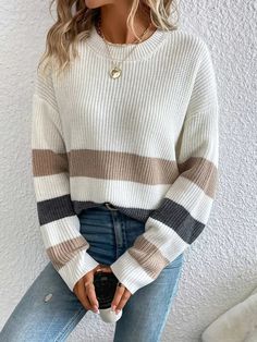 Striped Pattern Crew Neck Sweater, Casual Drop Shoulder Long Sleeve Pullover Sweater For Winter & Fall, Women's Clothing Composition: 100% Acrylic Material: Acrylic Clothes Fall, Pocket Sweater, Long Sleeve Pullover Sweater, Drop Shoulder Sweaters, Fall Outfits Women, Acrylic Material, Hat Hairstyles, Cropped Sweater, Fashion Tops