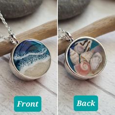 Ocean waves with real sand, shells, and starfish beach jewellery necklaces. The Ultimate Summer Pendant! A collection of tiny seashells, sand, and ocean waves all in one little pendant. A beautiful gift for any beach lover or an addition to any outfit. Ocean waves have been created using resin and blue shades of ink with a white lacing effect with added real sand on one side. On the reverse, a selection of tiny sea shells have been delicately placed and set in clear resin.  The pendant frames ar Tiny Seashells, Summer Pendant, Beach Jewellery, Seashell Pendants, Beach Lover Gifts, Beach Necklace, Jewellery Necklaces, Beach Necklaces, Beach Lover