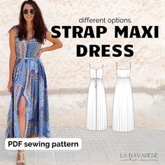 Are you in search of a modern and stylish maxi summer dress? With this easy and beginner-friendly sewing pattern PDF guide you will be able to create stunning bohemian styled clothes with your own favorite fabric and pattern! Our beautiful "Marisol" maxi summer dress is your new airy companion for hot days, balmy summer nights and long walks on the beach. With a tight t-shirt underneath, tights and boots, the dress is also great to wear in autumn. Get your detailed sewing guide now and begin tod Boho Dress Pattern Sewing, Boho Dress Pattern, Maxi Dress Pattern Sewing, Tights And Boots, Maxi Dress Pattern, Boho Maxi, Maxi Robes, Strap Dress, Boho Maxi Dress