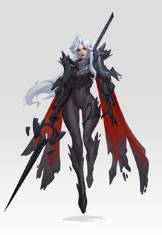 an animated character with white hair and black skin, holding two swords in her hands