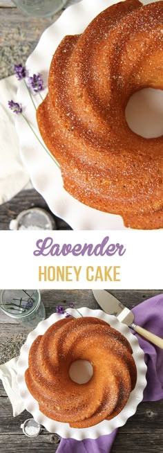 two different views of a cake on a plate and in the background, lavender honey cake