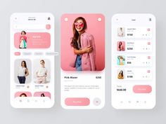 three mobile app screens showing different items for women's clothing, and the same item for