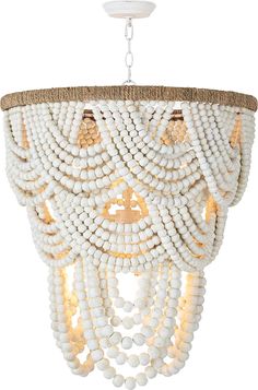 a white chandelier with beads hanging from the ceiling