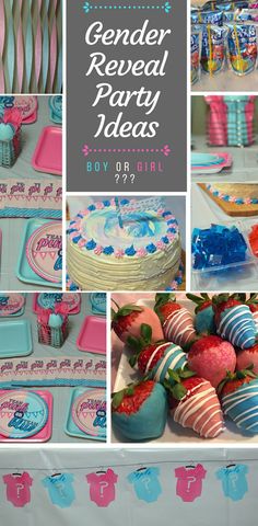 a collage of photos with pink, blue and white desserts on it's sides