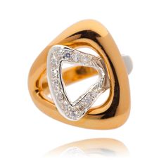 This unique geometrical ring presents an open high polished yellow gold triangle that extends from one side of the band flaring out as it spans across the finger. The band, on the other side, becomes a second, smaller triangle that intersects through the larger one much like a belt buckle would. The ring is set with 4 round brilliant cut natural diamonds and 9 single cut natural diamonds totaling 0.17 carats (clarity: I-1, VS; colour: I-J, H-I). Measures approximately 2cm from knuckle to knuckle Modern Gold Trillion Cut Jewelry, Modern Gold Jewelry With Trillion Cut, Modern Trillion Cut Gold Jewelry, Luxury Gold Trillion Cut Rings, Luxury Trillion Cut Gold Rings, Elegant Triangle Rings For Anniversary, Modern Gold Trillion Cut Diamond Ring, Gold Trillion Cut Ring For Formal Events, Gold Trillion Cut Ring For Formal Occasions