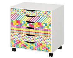 a multicolored chest of drawers with wheels on the bottom and one drawer open