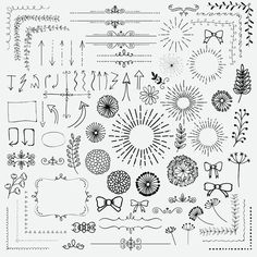 a collection of hand drawn doodles with flowers and arrows on white background stock photo