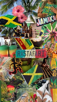 the collage is made up of many different pictures and words, including jamaican flag