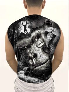 the back of a man's shirt with an image of a gorilla