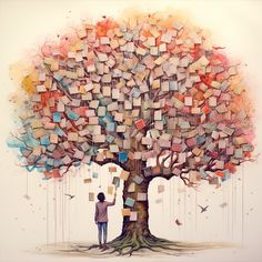 a man standing next to a tree covered in books