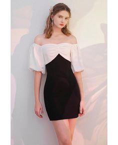 Buy chic black and white semi party dress off shoulder with sleeves high quality at affordable price online. Free shipping and pro custom service since 2009. White And Black Formal Dress, Semi Formal Black And White Outfits, White And Black Dress Formal, Elegant Off Shoulder Short Sleeve Dress For Date Night, Elegant Fitted Off Shoulder Dress With Short Sleeves, Black And White Party Outfit Formal, White Off Shoulder Mini Dress For Formal Occasions, Black Dress For Bachelorette Party, White Off Shoulder Dress With Straight Neckline For Party