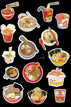 an assortment of food stickers on a black background, including noodles and soups