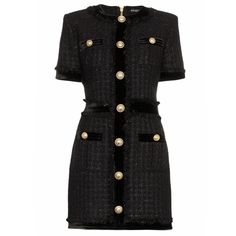 Medium dress with Jewel metal buttons. Regular Crew-Neck. Single reinforced needle stitching. Haute Couture Style, High Fashion Dresses, Tweed Dress, Patchwork Dress, Knit Mini Dress, Wool Dress, Plaid Dress, Dress Materials, Stylish Women